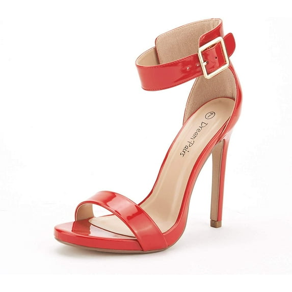 BURUDANI Women's Ankle Strap Open Toe Stilettos High Heel Sandals Party Dress Red/Pat Size 7