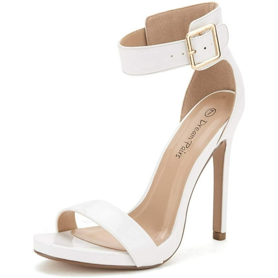 BURUDANI Women's Ankle Strap Open Toe Stilettos High Heel Sandals Party Dress White/Pat Size 7.5