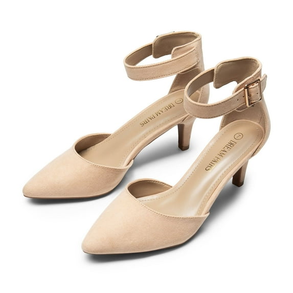 BURUDANI Women's Ankle Strap Pump Dress Shoes Fashion Low Heel Pointed Toe Pump Shoes NUDE/SUEDE Size 11