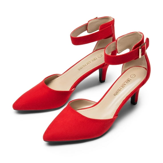 BURUDANI Women's Ankle Strap Pump Dress Shoes Fashion Low Heel Pointed Toe Pump Shoes RED/SUEDE Size 11