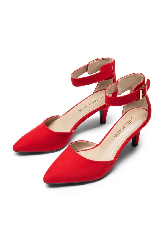 Women's Ankle Strap Pump Dress Shoes Fashion Low Heel Pointed Toe Pump Shoes RED/SUEDE Size 6