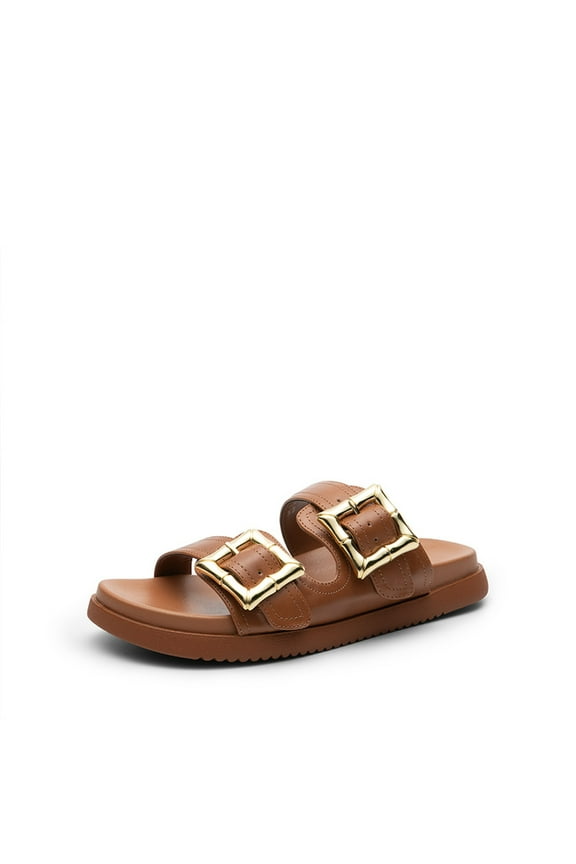 Women’s Buckle Slide Sandals – Vegan Leather Flatform Sandals with Supportive Footbe