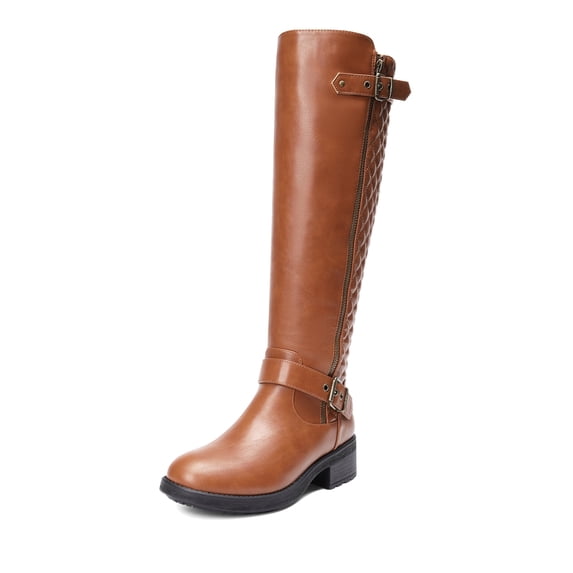 Dream Pairs Women's Chunky Block Heel Knee-High Boots Round Toe Side Zipper Riding Buckles & Biker Style