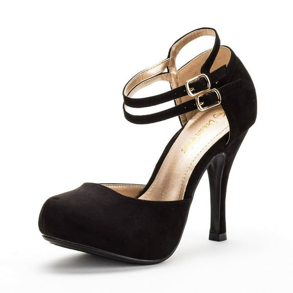 DREAM PAIRS Office-02 Women's Classy Mary Jane Double Ankle Strap Almond Toe High Heel Pumps Shoes OFFICE-02 BLACK/SUEDE Size 7.5