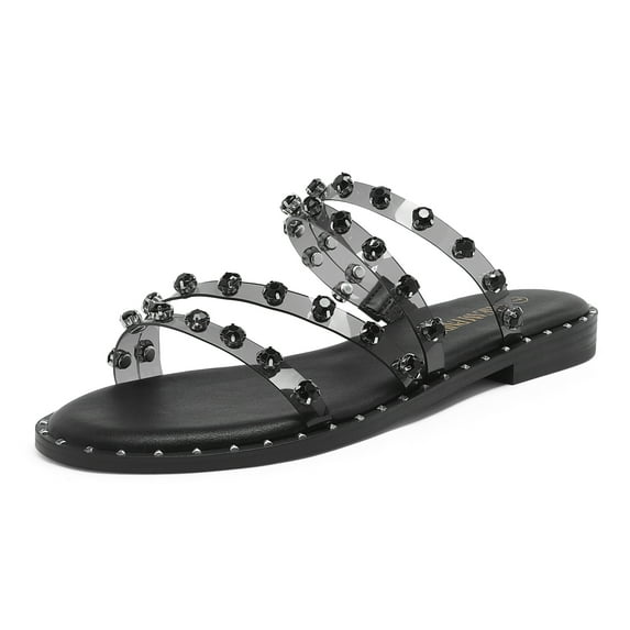 Dream Pairs Women's Clear Studded Rhinestone Slide Sandals Slip on Open Toe Cute Flat Sandals for Summer SDSS2213W BLACK/CLEAR/RHINESTONE Size 12