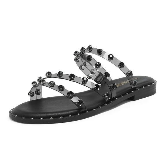 Dream Pairs Women's Clear Studded Rhinestone Slide Sandals Slip on Open Toe Cute Flat Sandals for Summer SDSS2213W BLACK/CLEAR/RHINESTONE Size 5.5
