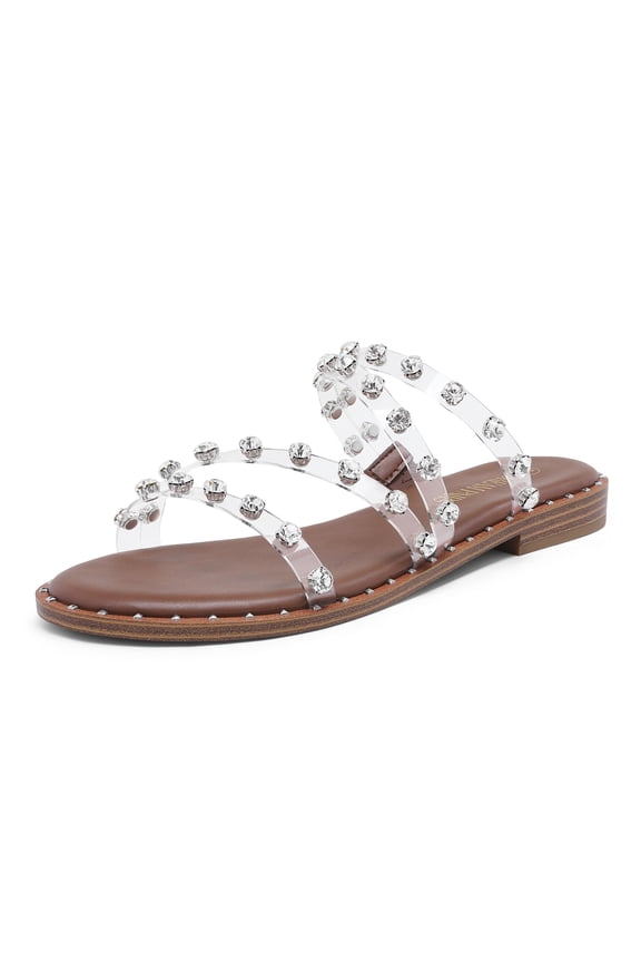 Women's Clear Studded Rhinestone Slide Sandals Slip on Open Toe Cute Flat Sandals for Summer SDSS2213W CLEAR/RHINESTONE Size 9