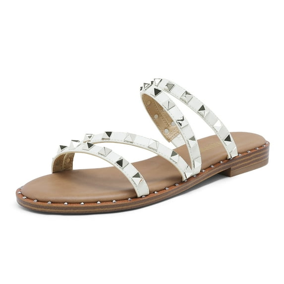 Dream Pairs Women's Clear Studded Rhinestone Slide Sandals Slip on Open Toe Cute Flat Sandals for Summer SDSS2213W WHITE/PU/RIVET Size 8
