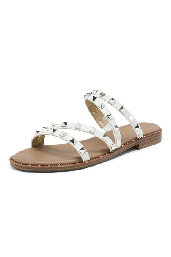 Women's Clear Studded Rhinestone Slide Sandals Slip on Open Toe Cute Flat Sandals for Summer SDSS2213W WHITE/PU/RIVET Size 8