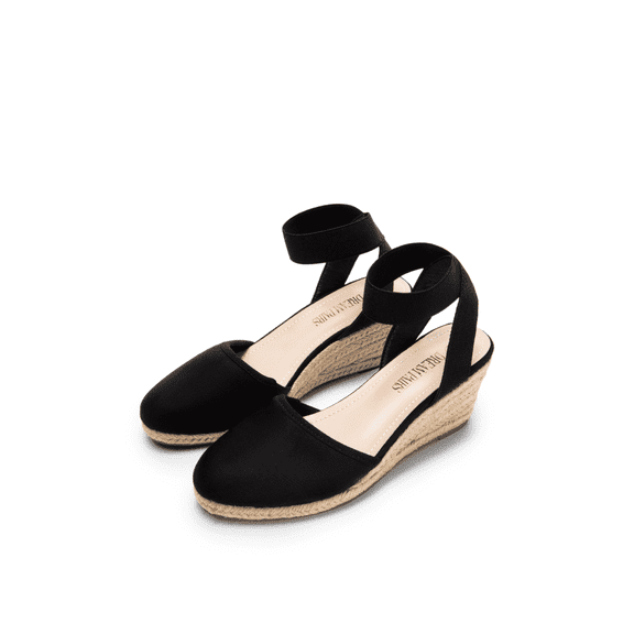 BURUDANI Women's Comfort Elastic Ankle Strap Shoes Espadrilles Wedge Sandals Black Size 7