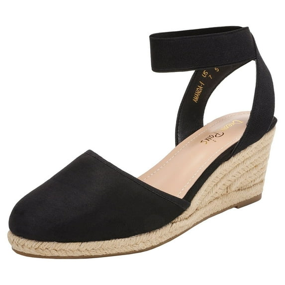 BURUDANI Women's Comfort Elastic Ankle Strap Shoes Espadrilles Wedge Sandals Black Size 9
