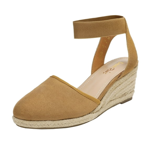 BURUDANI Women's Comfort Elastic Ankle Strap Shoes Espadrilles Wedge Sandals Camel Size 8.5
