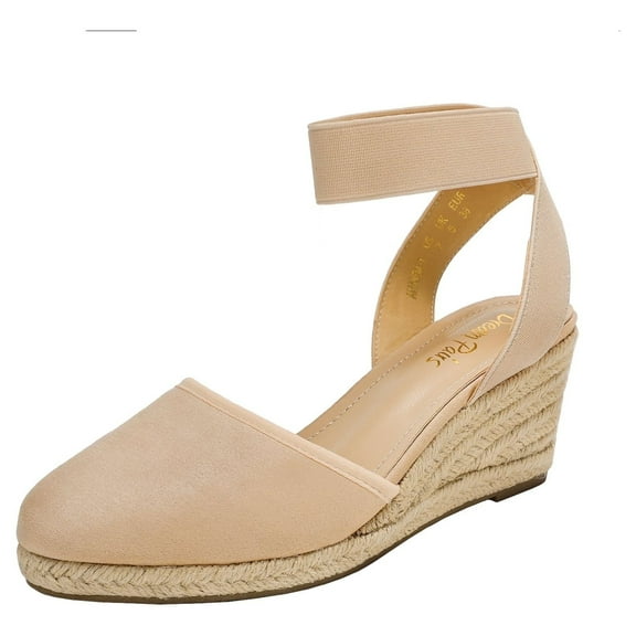 BURUDANI Women's Comfort Elastic Ankle Strap Shoes Espadrilles Wedge Sandals Nude Size 9.5