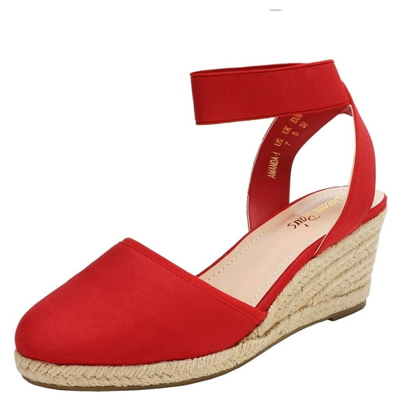 BURUDANI Women's Comfort Elastic Ankle Strap Shoes Espadrilles Wedge Sandals Red Size 6.5
