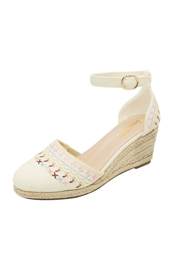 Women's Comfort Wedge Espadrilles Sandals Ankle Strap Close Toe Platform Shoes Amanda-2 Beige/White Size 8