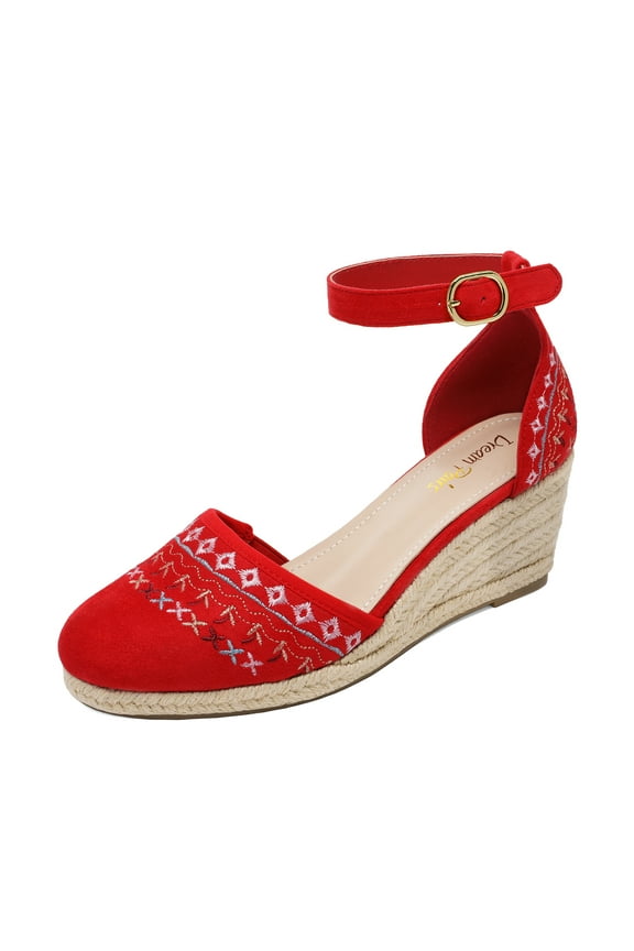 Women's Comfort Wedge Espadrilles Sandals Ankle Strap Close Toe Platform Shoes Amanda-2 Red Size 9.5