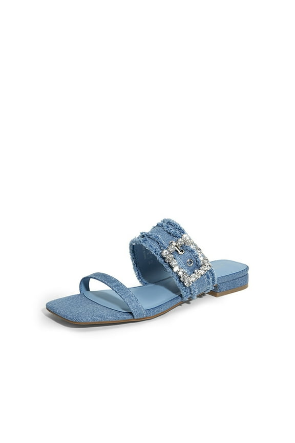 Women’s Denim Slide Sandals – Rhinestone Buckle Slip-On Flats with Square Toe