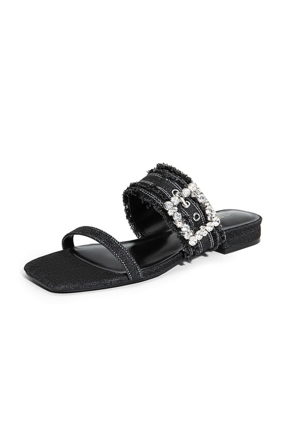Women’s Denim Slide Sandals – Rhinestone Buckle Slip-On Flats with Square Toe