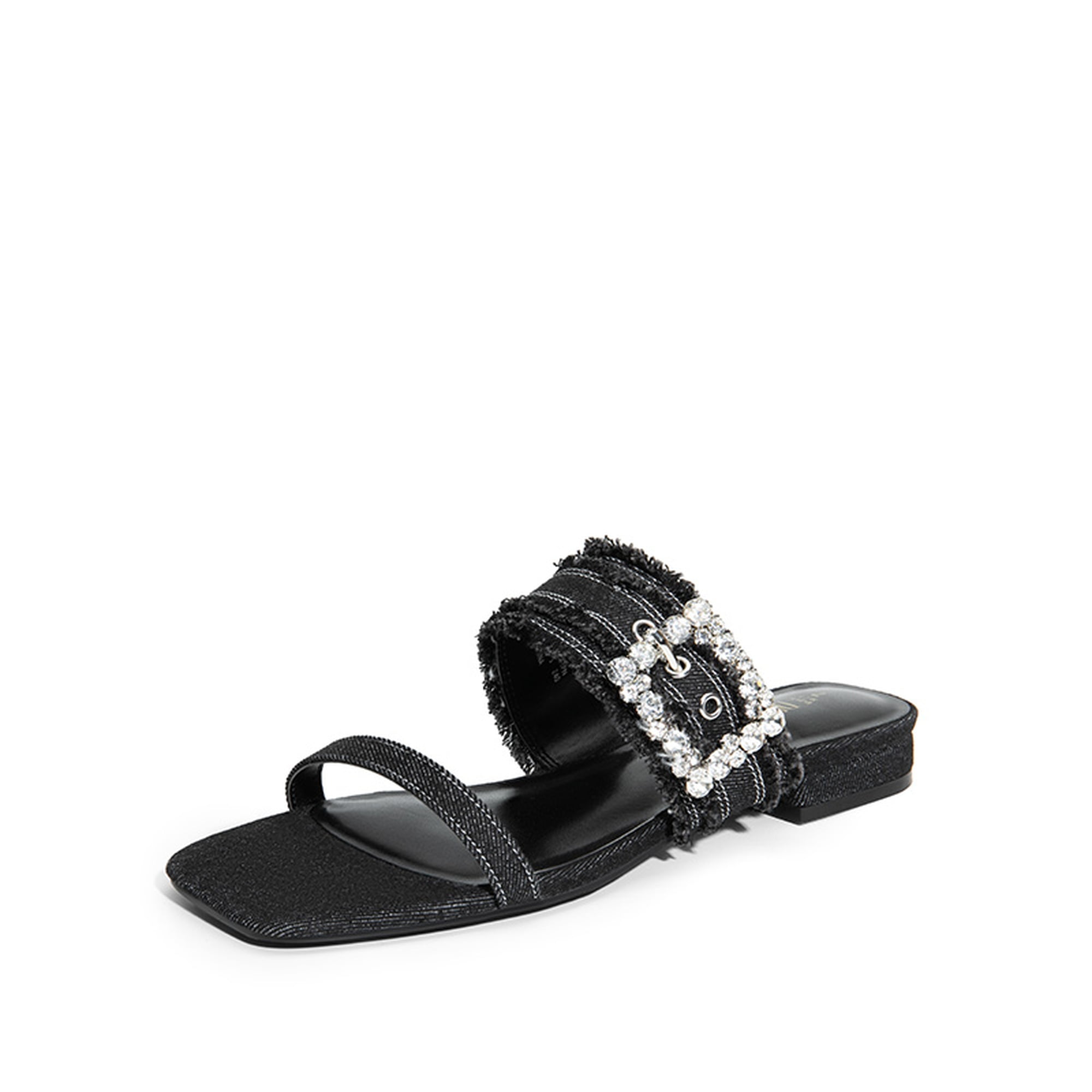 Dream Pairs Women’s Denim Slide Sandals – Rhinestone Buckle Slip-On Flats with Square Toe