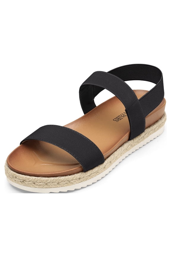 Women's Elastic Ankle Strap Open Toe Espadrille Platform Sandals ROSAN BLACK Size 6.5