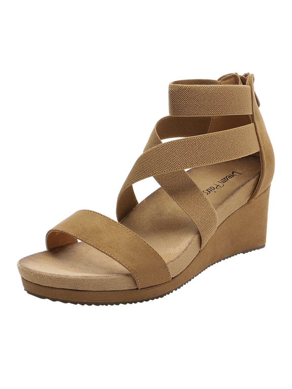 Women's Elastic Ankle Strap Sandals Wedge Open Toe Platform Sandals Nini-3 Camel Size 6.5