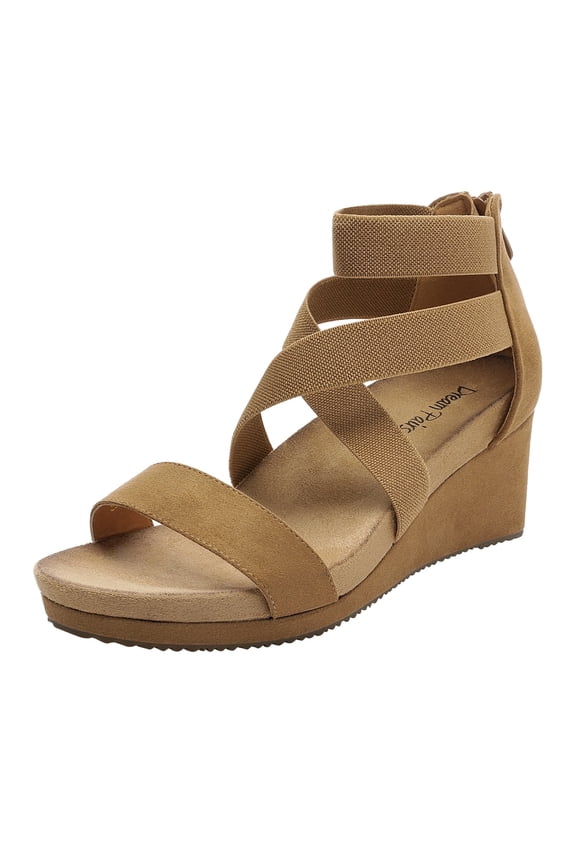 Women's Elastic Ankle Strap Sandals Wedge Open Toe Platform Sandals Nini-3 Camel Size 8