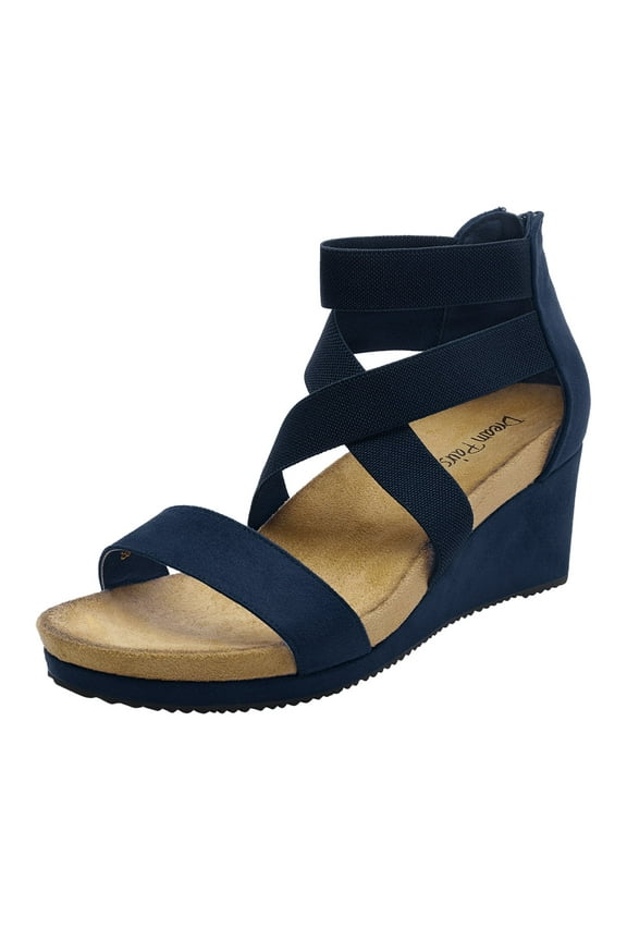 Women's Elastic Ankle Strap Sandals Wedge Open Toe Platform Sandals Nini-3 Navy Size 7
