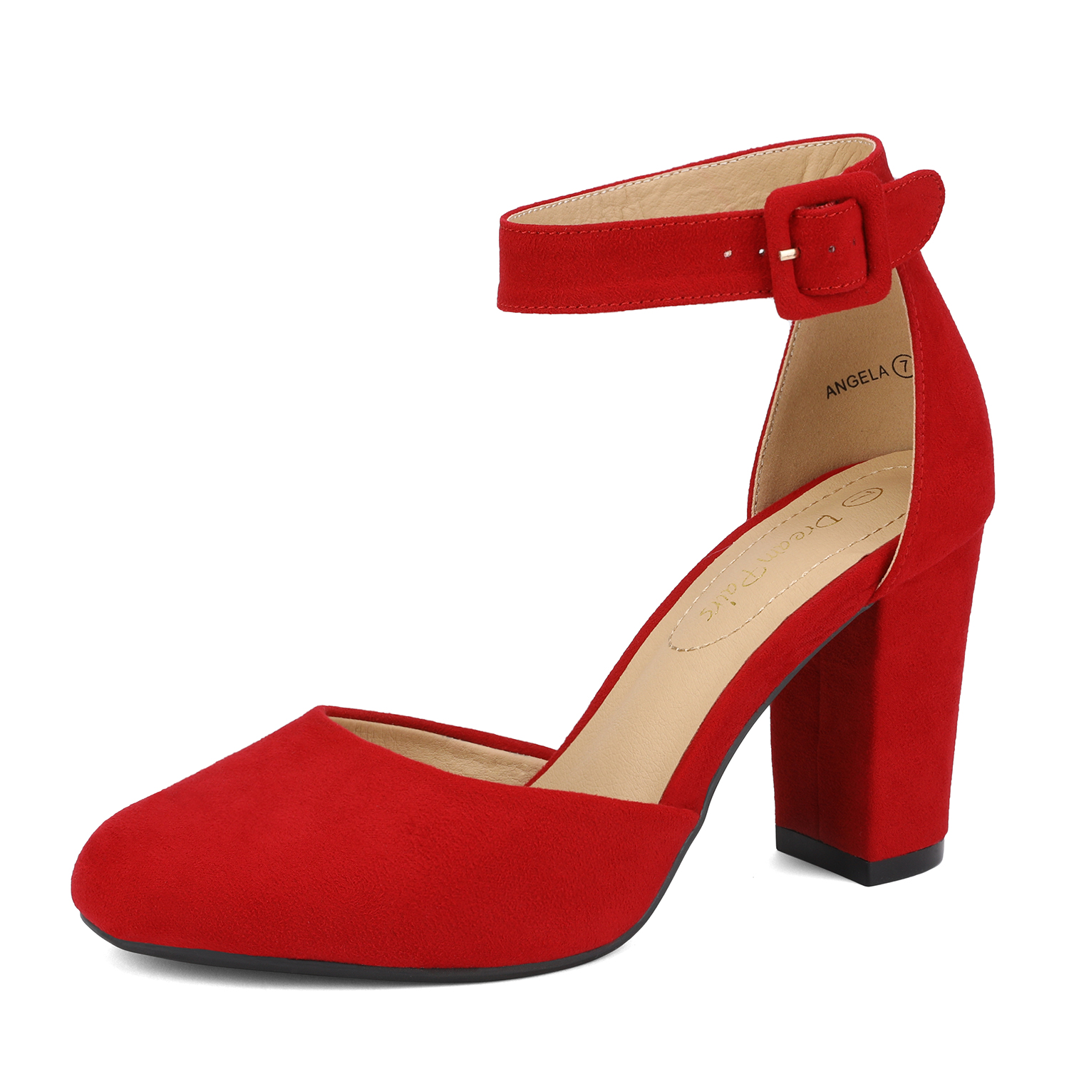 Dream Pairs Women's Fashion Ankle Strap Shoes Close Toe Chunky High Heel Dress Shoes Angela Red/Suede Size 5