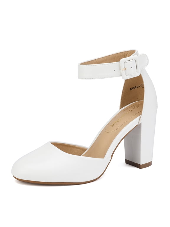 Women's Fashion Ankle Strap Shoes Close Toe Chunky High Heel Dress Shoes Angela White/Pu Size 6.5