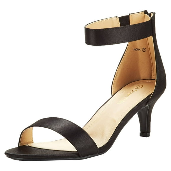 Dream Pairs Women's Fashion Ankle Strap Stilettos Low Heel Open Toe Sandals Party Dress Shoes FIONA BLACK/SATIN Size 9.5