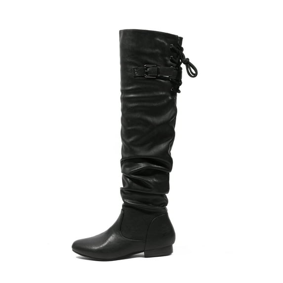 BURUDANI Women's Fashion Casual Over The Knee Pull On Slouchy Boots COLBY BLACK/PU Size 6.5