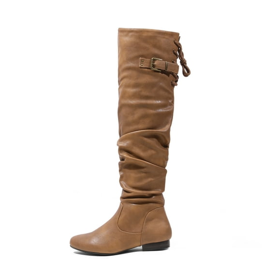 BURUDANI Women's Fashion Casual Over The Knee Pull On Slouchy Boots COLBY CAMEL/PU Size 6.5