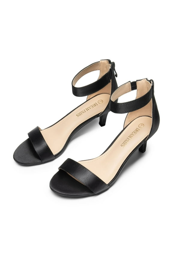 Women's Fashion Comfort Ankle Strap Stilettos Low Heel Pump Heeled Sandals Party Dress Shoes BLACK/SATIN Size 8
