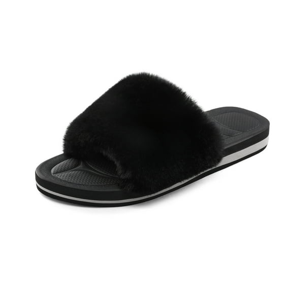 Dream Pairs Women's Fashion Comfort Fluffy Open Toe Slides Shoes Fuzzy House Slippers DSL219W BLACK Size 10
