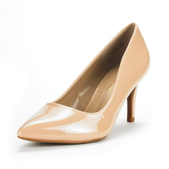 Dream Pairs Women's Fashion Comfort Pointed Toe Stilettos Pump Shoes Slip On Low Heel Dress Shoes KUCCI NUDE/PAT Size 9.5