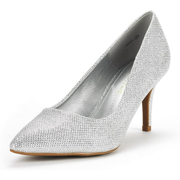 Dream Pairs Women's Fashion Comfort Pointed Toe Stilettos Pump Shoes Slip On Low Heel Dress Shoes KUCCI SILVER/GLITTER Size 11