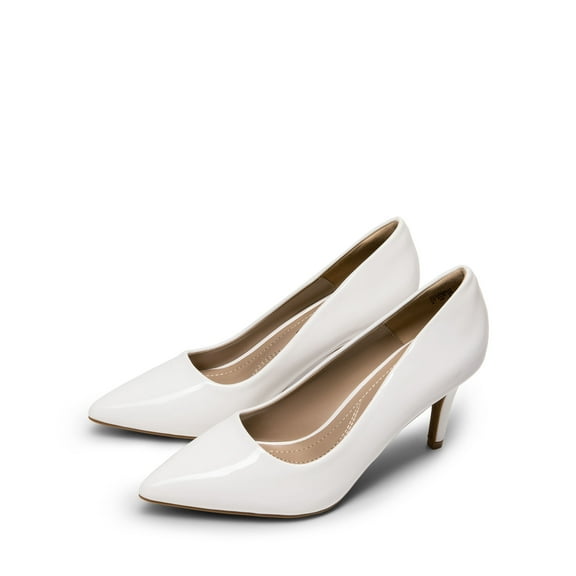 BURUDANI Women's Fashion Comfort Pointed Toe Stilettos Pump Shoes Slip On Low Heel Dress Shoes WHITE/PAT Size 7.5