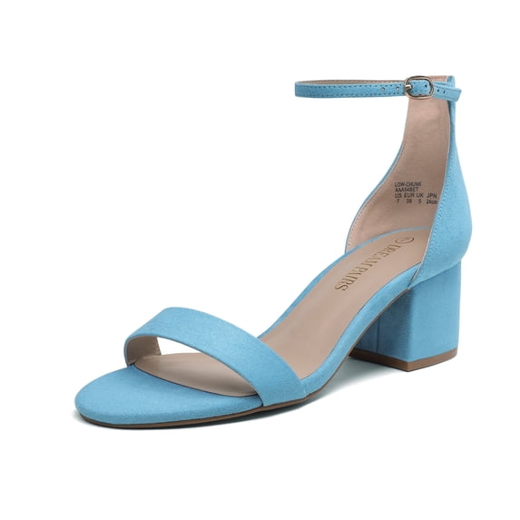 BURUDANI Women's Fashion Low Chunky Heel Sandals Open Toe Ankle Strap Dress Heel Shoes BLUE/SUEDE Size 7
