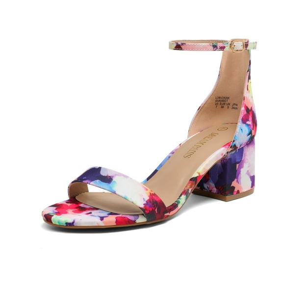 BURUDANI Women's Fashion Low Chunky Heel Sandals Open Toe Ankle Strap Dress Heel Shoes FLORAL Size 9.5