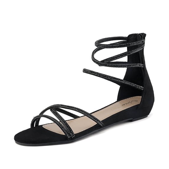 Dream Pairs Women's Fashion Open Toe Rhinestones Ankle Straps Summer Flat Sandals Weitz Black Size 6