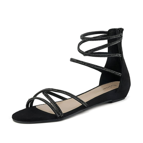Dream Pairs Women's Fashion Open Toe Rhinestones Ankle Straps Summer Flat Sandals Weitz Black Size 6
