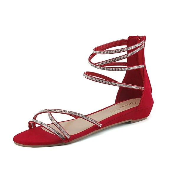 Dream Pairs Women's Fashion Open Toe Rhinestones Ankle Straps Summer Flat Sandals Weitz Red Size 7.5