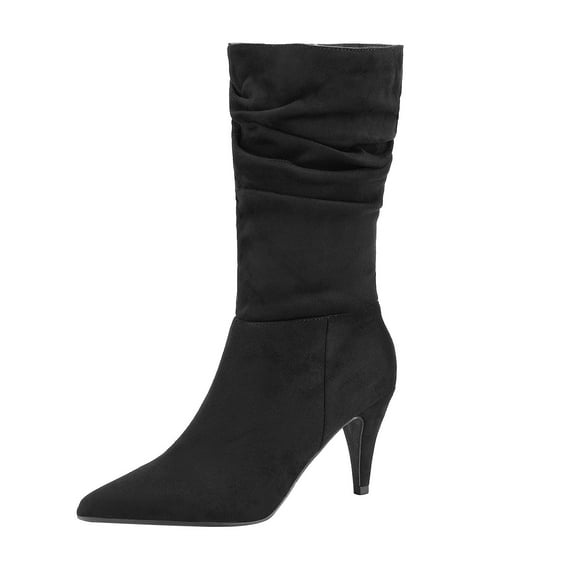 BURUDANI Women's Fashion Pointed Toe Mid Calf Boots Stiletto High Heel Slouch Zipper Boots KIMLY BLACK/SUEDE Size 9.5