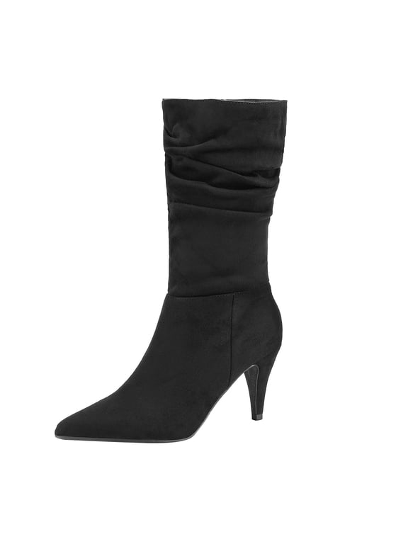Women's Fashion Pointed Toe Mid Calf Boots Stiletto High Heel Slouch Zipper Boots KIMLY BLACK/SUEDE Size 9.5