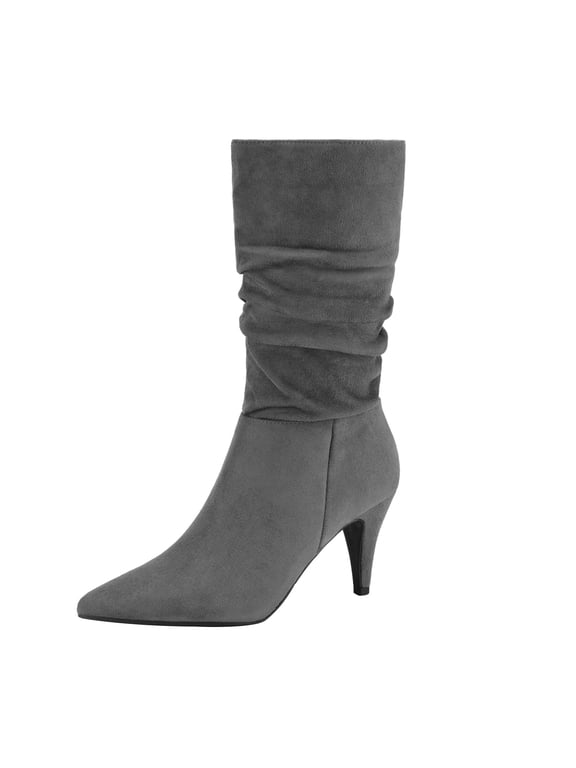 Women's Fashion Pointed Toe Mid Calf Boots Stiletto High Heel Slouch Zipper Boots KIMLY LIGHT/GREY/SUEDE Size 10