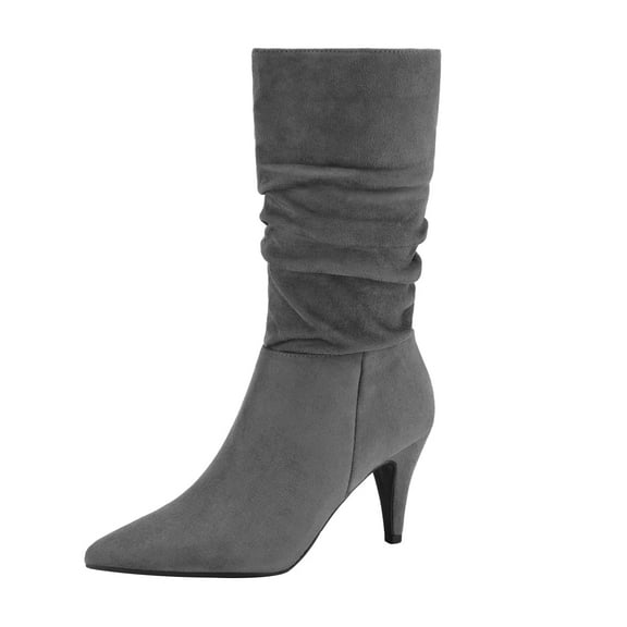 BURUDANI Women's Fashion Pointed Toe Mid Calf Boots Stiletto High Heel Slouch Zipper Boots KIMLY LIGHT/GREY/SUEDE Size 9.5