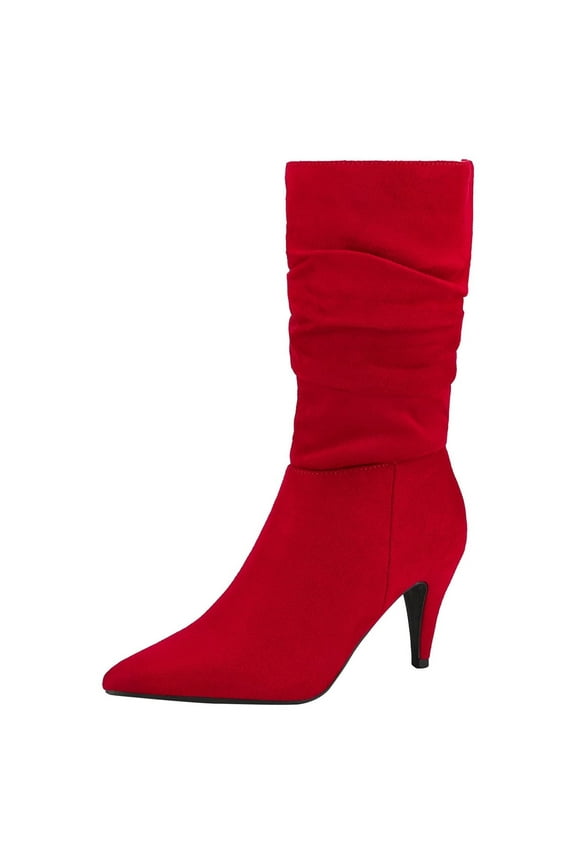 Women's Fashion Pointed Toe Mid Calf Boots Stiletto High Heel Slouch Zipper Boots KIMLY RED/SUEDE Size 10