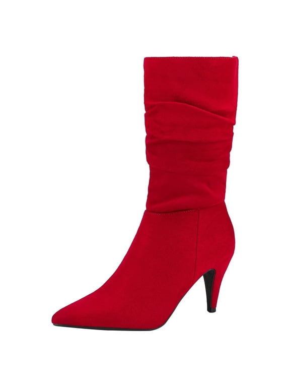 Women's Fashion Pointed Toe Mid Calf Boots Stiletto High Heel Slouch Zipper Boots KIMLY RED/SUEDE Size 7