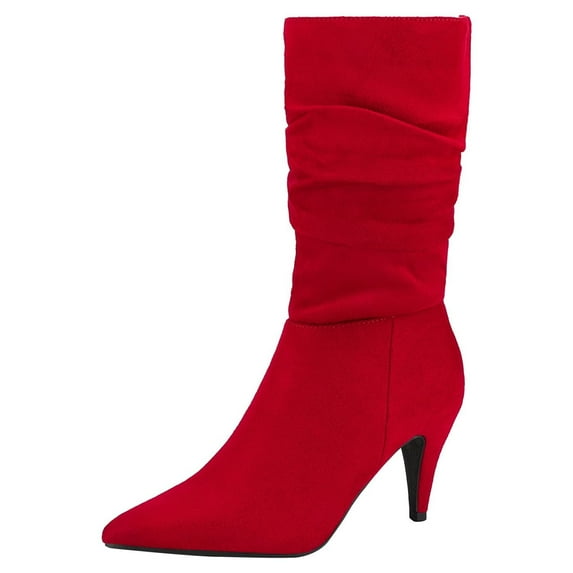 BURUDANI Women's Fashion Pointed Toe Mid Calf Boots Stiletto High Heel Slouch Zipper Boots KIMLY RED/SUEDE Size 8