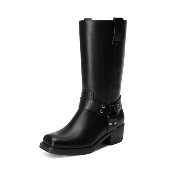 DREAM PAIRS Women's Knee High Black Harness Boots Western Style Riding Boots with Block Heel and Pull Tabs